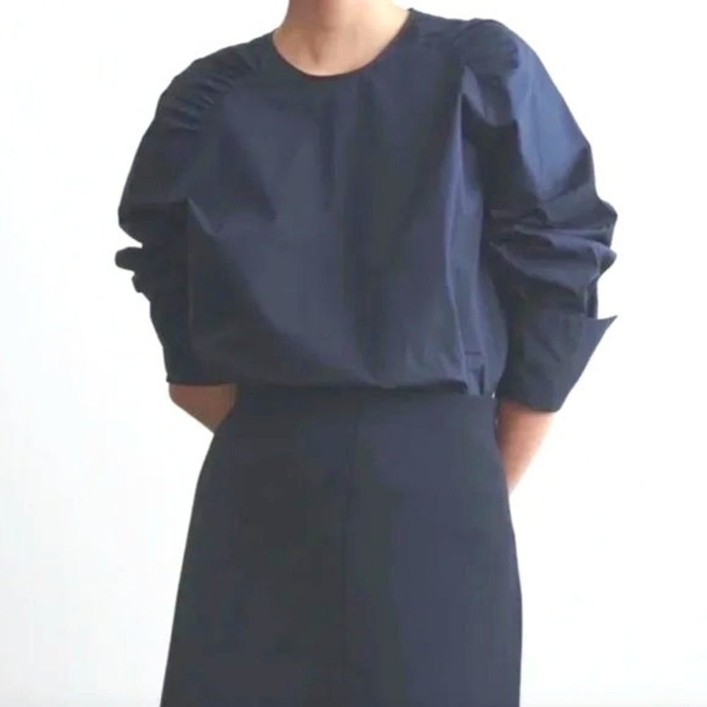 Thakoon Navy Poplin Cotton Ruched‎ Shoulder Long Sleeve Pullover Blouse - Small